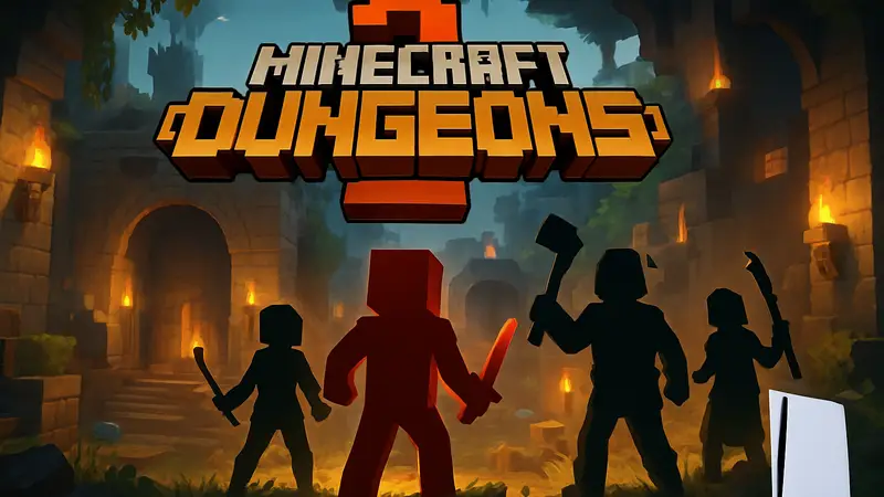 Логотип Minecraft Dungeons 2, показывающий воксельный мир и элементы RPG-приключения на PS5.