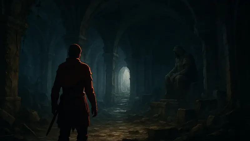 Скриншот из игры Crimson Desert с персонажем, исследующим мрачное убежище Ульзока