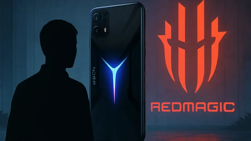 Игровой телефон Lenovo Legion с подсветкой, логотип REDMAGIC на заднем плане.