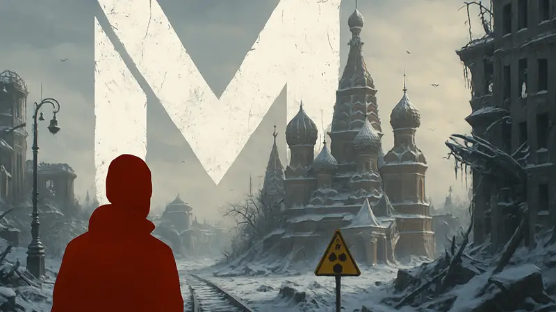 Изображение логотипа Metro Exodus или стилизованного вида постапокалиптической Москвы, с намеком на утечку новой игры.