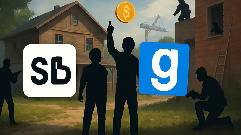 Логотип s&box и Garry's Mod на фоне игрового процесса, символизирующий успех и прибыль