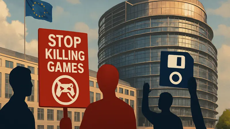 Европейский парламент, логотип "Stop Killing Games", символ сохранения видеоигр