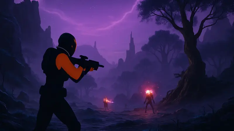 Геймплейный кадр из игры Saros на PlayStation 5 с фиолетовым небом.