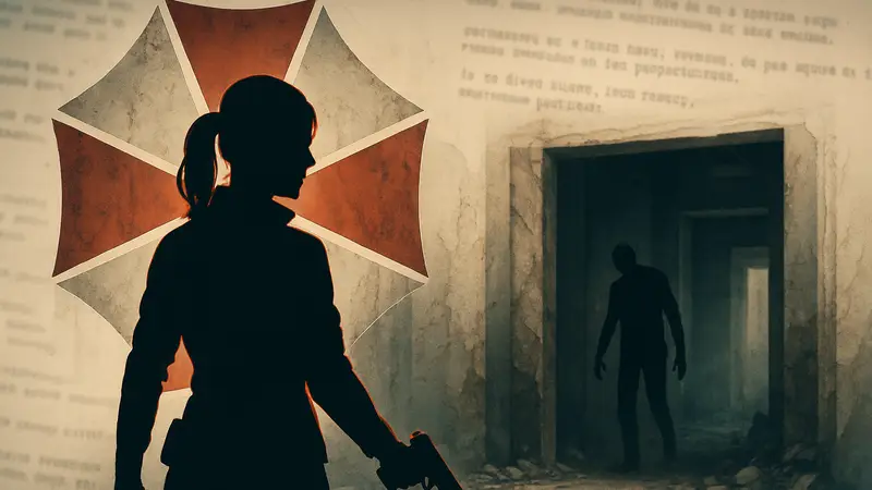 Кадр из фильма Resident Evil или его символика, на фоне размытого текста сценария.