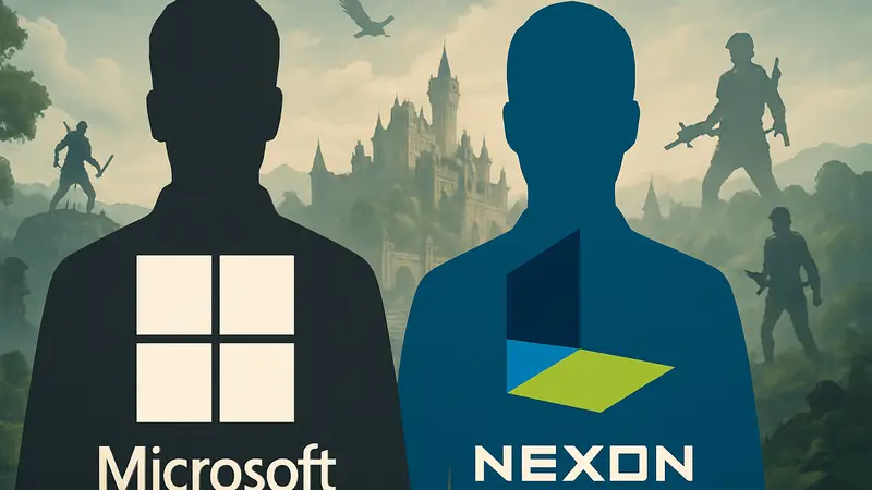 Логотипы Microsoft и Nexon на фоне игровой индустрии, символизирующие смену руководства.