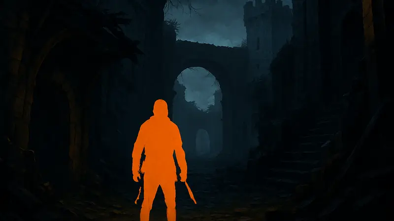 Игровой скриншот: мрачная локация из хардкорной игры, игрок ищет путь без маркеров.