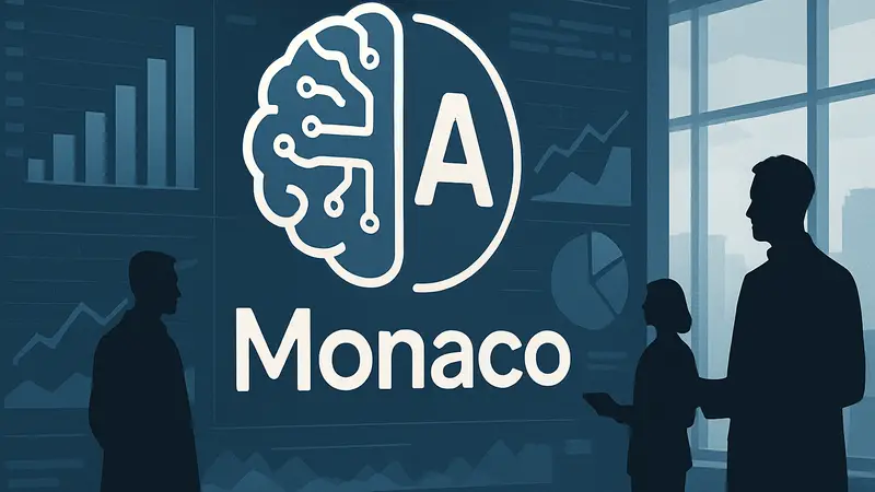 Логотип стартапа Monaco с элементами искусственного интеллекта на фоне бизнес-графиков