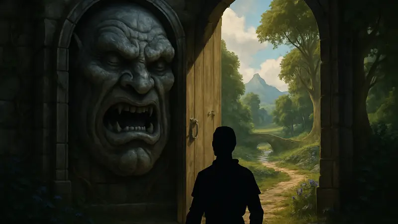 Демоническая Дверь из игры Fable с узнаваемым лицом, приоткрывающаяся в сказочный мир