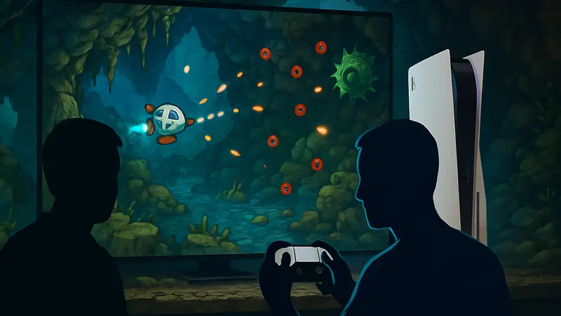 Скриншот игры Minishoot' Adventures с космическим кораблем и врагами на PS5