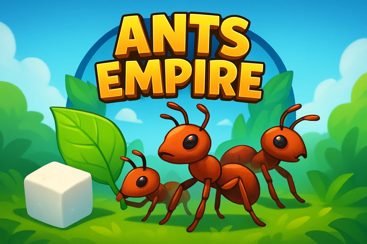 Изображение игрового процесса или логотипа Ants Empire с символами сахара, листьев и муравьев.