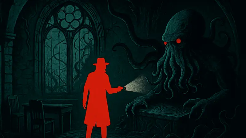 Скриншот из игры The Dark Rites of Arkham с Лавкрафтовскими мотивами, ужасы