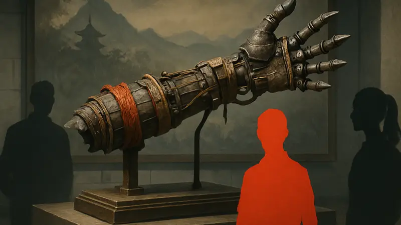 Полноразмерная реплика протеза синоби из игры Sekiro: Shadows Die Twice на подставке