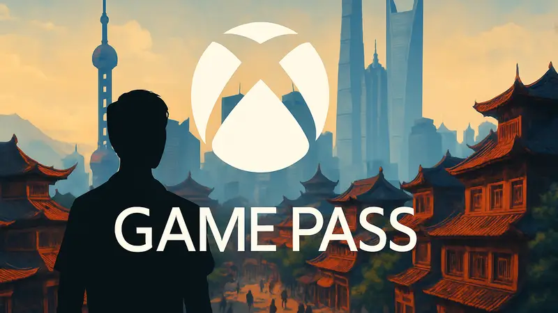 Логотип Xbox Game Pass на фоне китайского города, иллюстрация нового рынка.