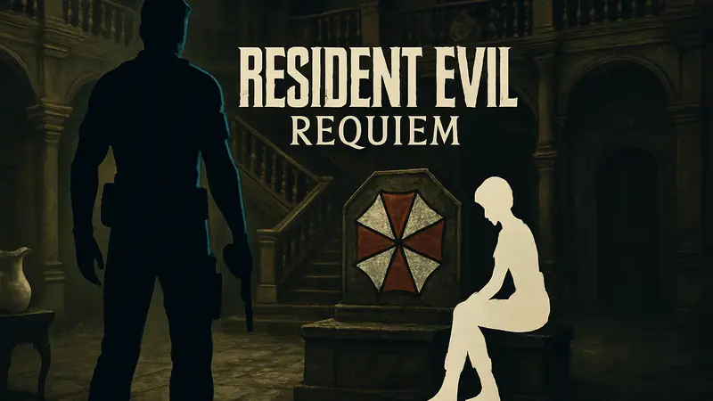 Логотип Resident Evil Requiem с изображением элементов из RE1 и RE0, символизирующих скрытую пасхалку.