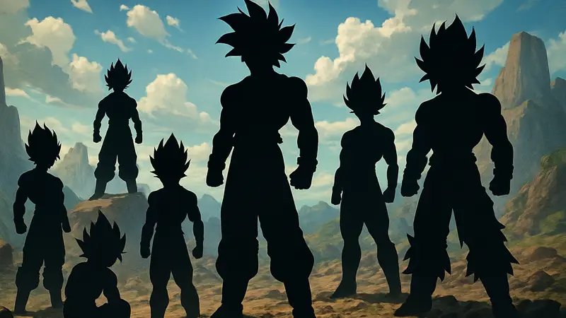 Изображение группы Сайянов из Dragon Ball Super в различных мощных трансформациях, готовых к битве.