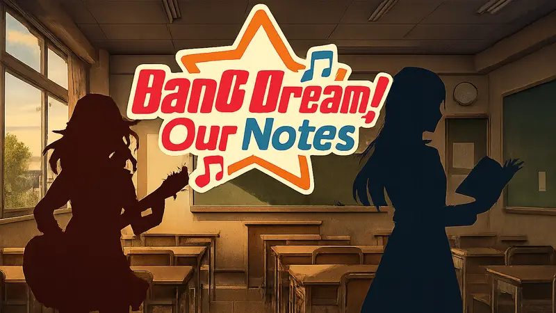 Логотип BanG Dream! Our Notes с персонажами, символизирующими ритм-игру и визуальную новеллу.