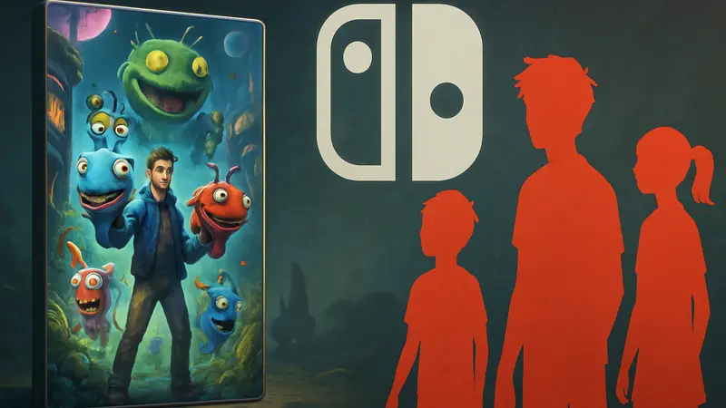 Обложка игры High On Life 2 с главными героями и говорящими пушками, на фоне логотипа Nintendo Switch.