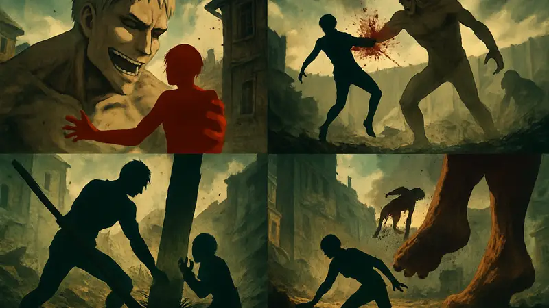 Подборка кадров с драматичными и жестокими моментами из аниме «Атака Титанов», иллюстрирующая смерти персонажей.