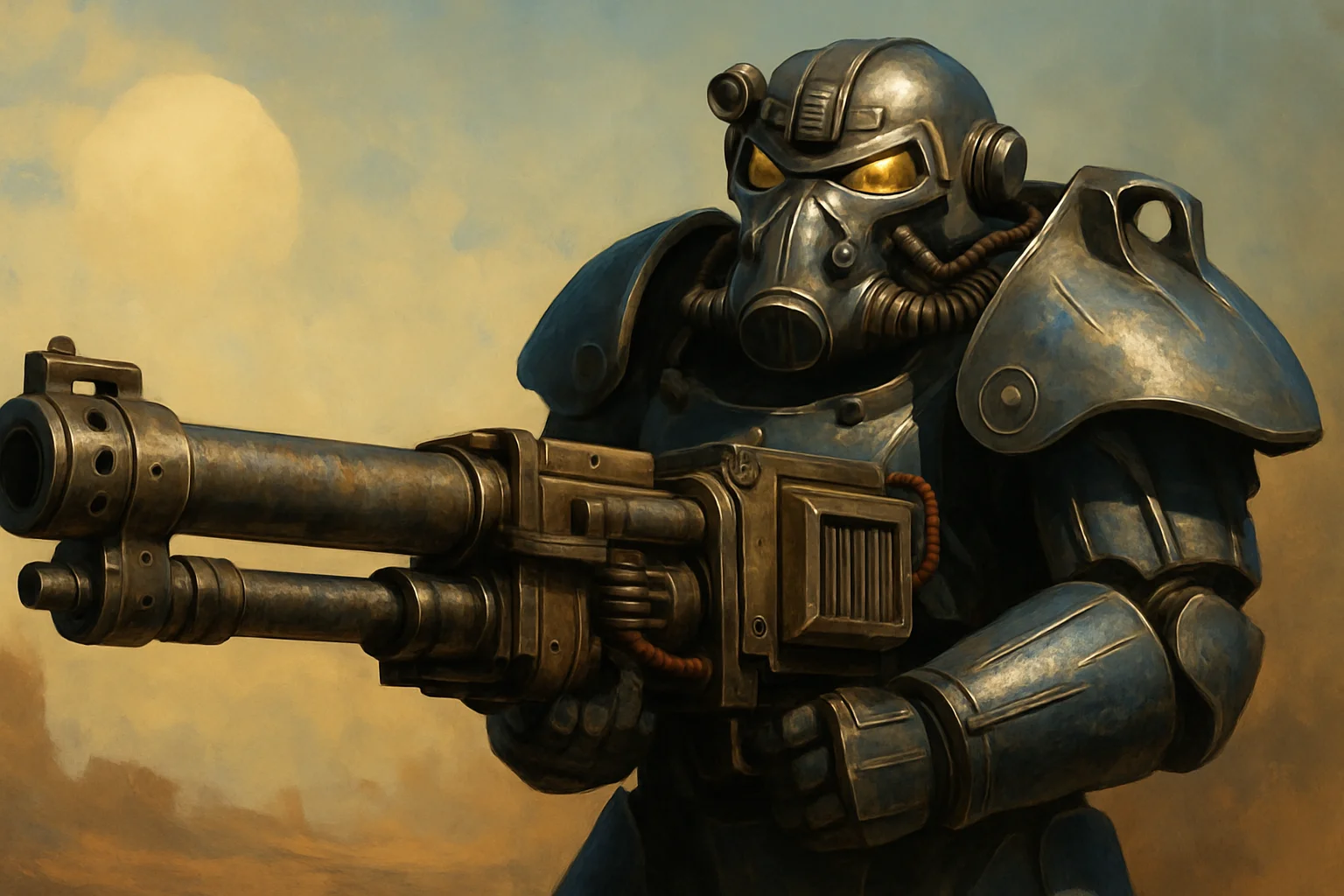 Изображение оружия из игры Fallout, возможно, в руках персонажа в силовой броне.
