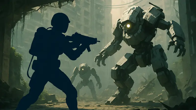 Игровой скриншот из Pragmata, показывающий персонажа Хью в бою с роботами.