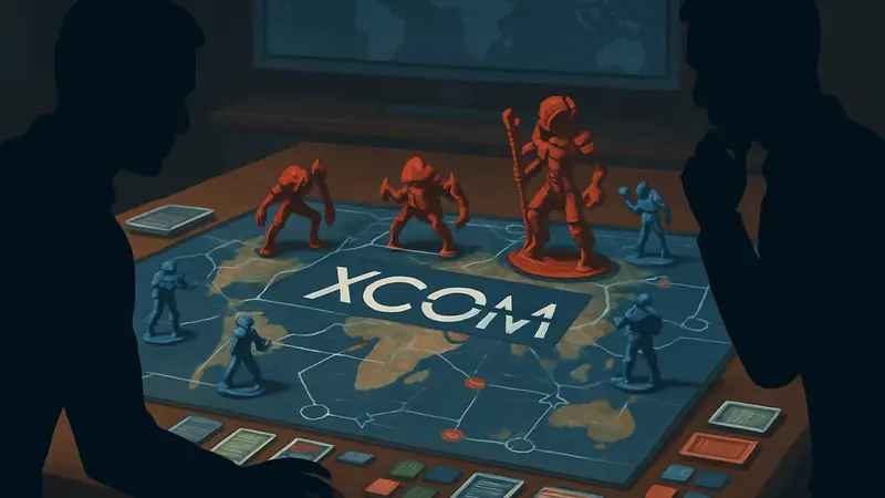 Изображение настольной игры XCOM, возможно, с элементами тактической стратегии и миниатюрами пришельцев.