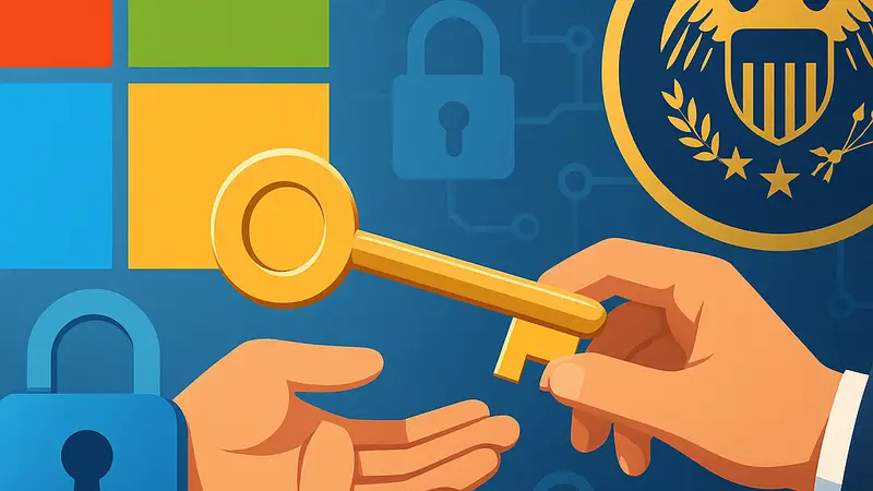 Иллюстрация Microsoft и ФБР, символизирующая передачу зашифрованных данных и ключей доступа.