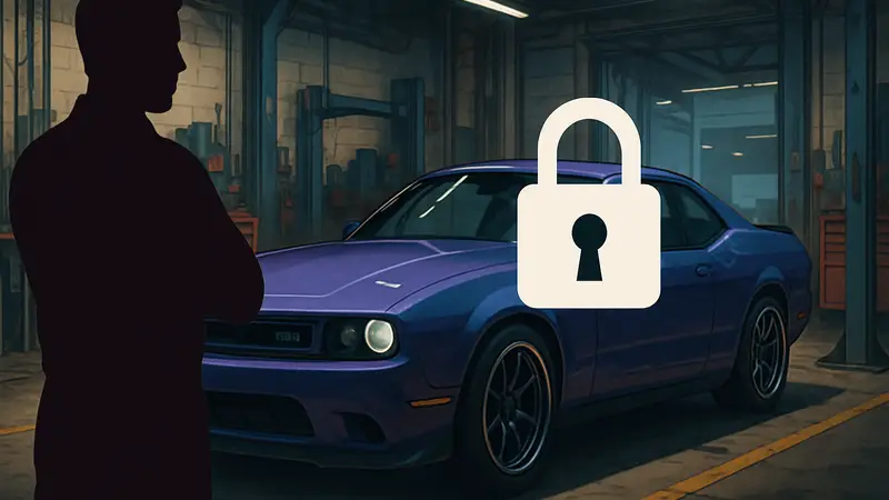 Изображение автомобиля из GTA 6, находящегося в мастерской для кастомизации, с символом замка или ценника.