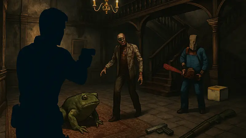 Скриншот из Resident Evil с элементами мода BioRand, показывающий случайных врагов и предметы