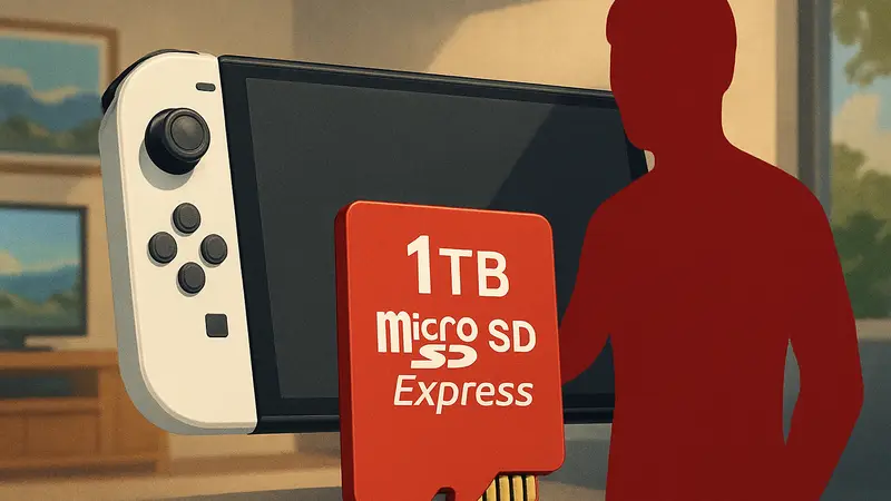 Карта памяти Micro SD Express на фоне консоли Nintendo Switch 2.
