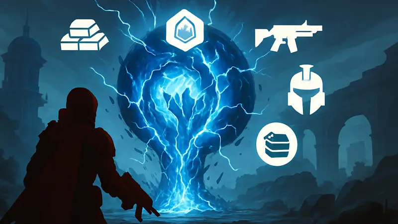 Изображение публичного события 'Искажение' из Destiny 2 с характерными визуальными эффектами, окруженное иконками добычи и снаряжения.