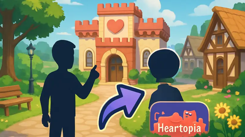Скриншот из игры Heartopia с указателем на местоположение Галереи или меню игры.