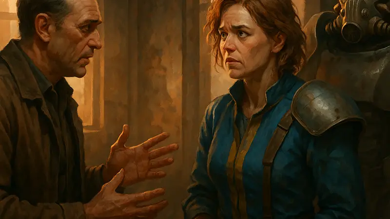 Кадры из сериала Fallout, изображающие персонажей Хэнка и Барб, обсуждающих их потенциальный путь к искуплению во втором сезоне.