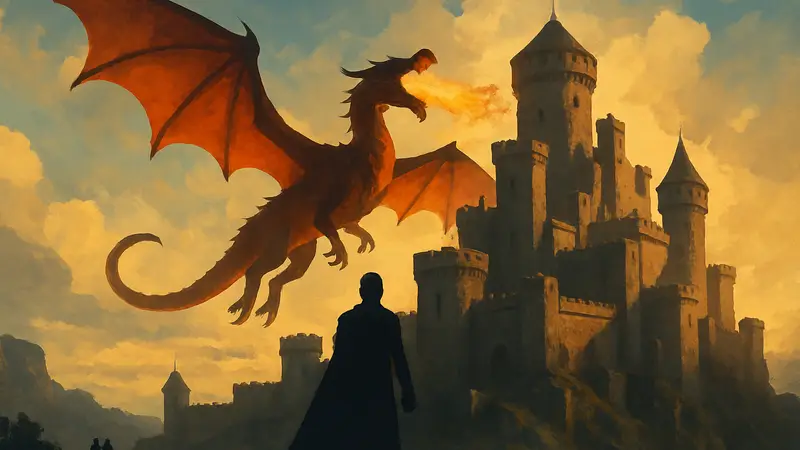 Логотип Game of Thrones: Dragonfire с драконом на фоне замка