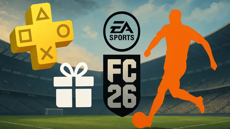 Логотип PlayStation Plus рядом с элементами EA Sports FC26, символизирующие бонус