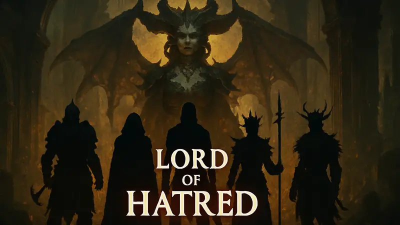 Арт с персонажами Diablo 4 и логотипом Lord of Hatred DLC
