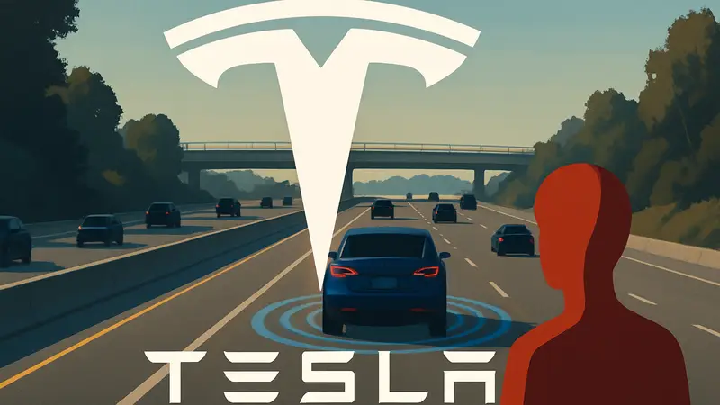 Логотип Tesla на фоне автострады, символизирующий систему Autopilot и беспилотные технологии компании.