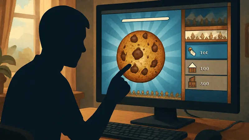 Обложка игры Cookie Clicker на ПК, демонстрирующая механику кликера и интерфейс.
