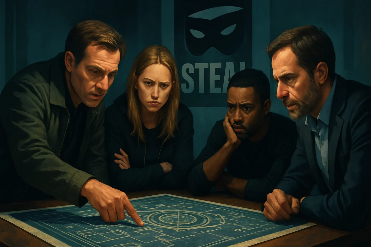 Персонажи сериала "Кража" (The Steal) обсуждают план ограбления, демонстрируя напряжение финальных эпизодов.