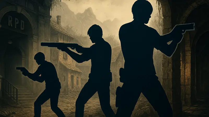 Леон Кеннеди из Resident Evil в разных позах, демонстрирующих его эволюцию геймплея.
