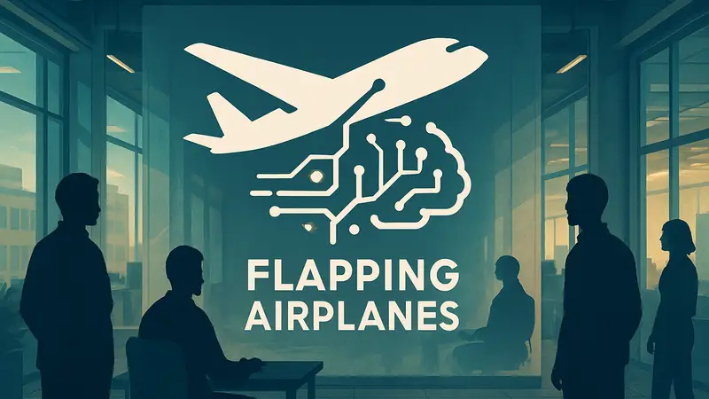 Логотип ИИ-лаборатории Flapping Airplanes с элементами самолёта и искусственного интеллекта, символизирующий инновационные исследования.