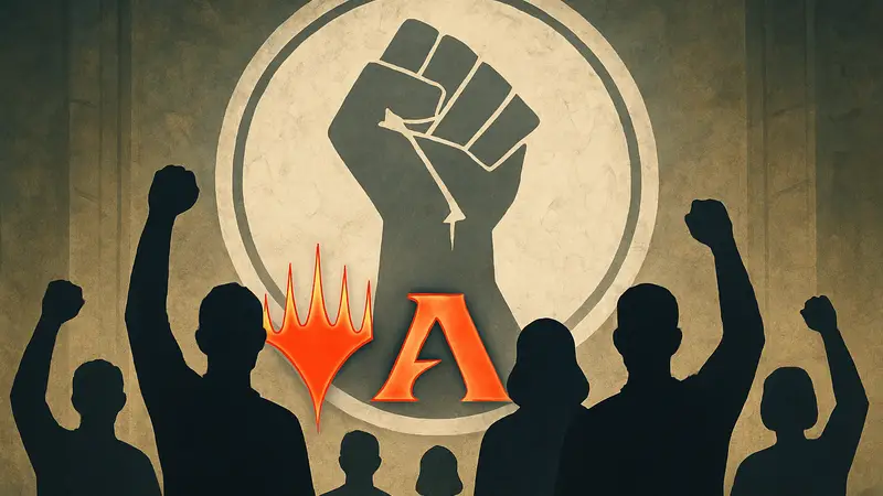 Логотип Magic The Gathering Arena на фоне эмблемы профсоюза или знака солидарности, символизирующего объединение работников.