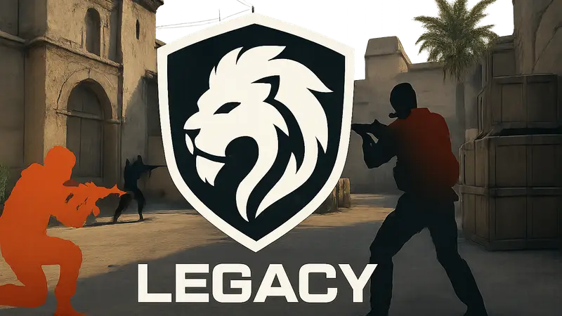 Логотип команды Legacy по CS2 на фоне игрового процесса Counter-Strike 2, киберспорт
