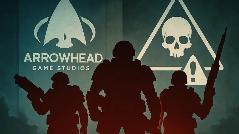 Изображение солдат из Helldivers 2 на фоне логотипа Arrowhead Game Studios и символики угрозы.