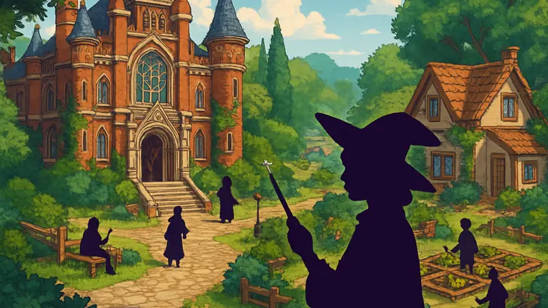 Изображение из Witchbrook, показывающее магическую школу и элементы симулятора жизни.