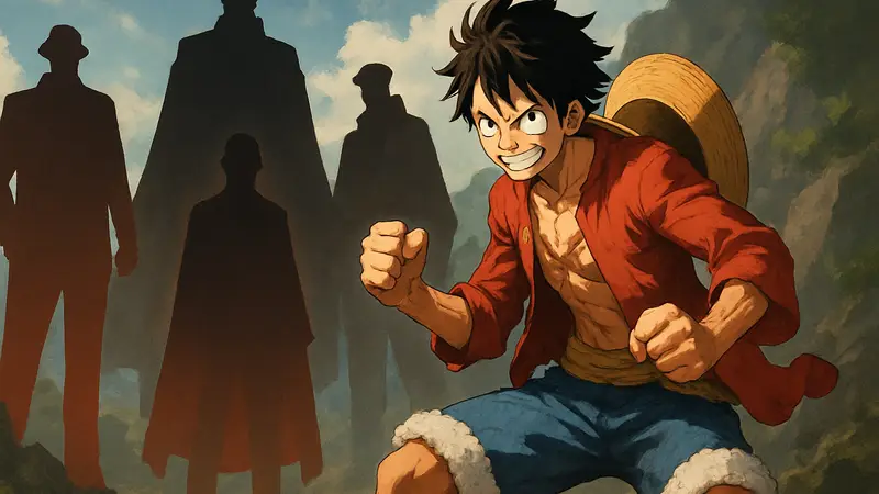 Луффи из One Piece в боевой позе, демонстрирующий свою возросшую силу, на фоне Адмиралов.