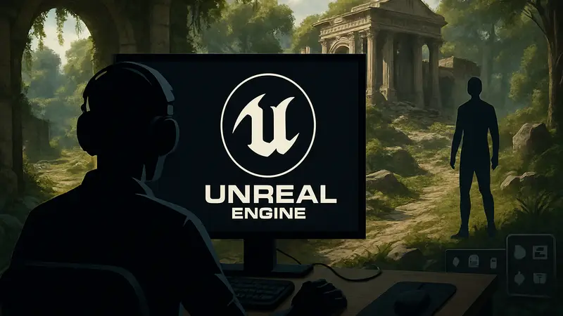 Unreal Engine 6 логотип, разработка игр, фотореалистичная графика, игровые системы.