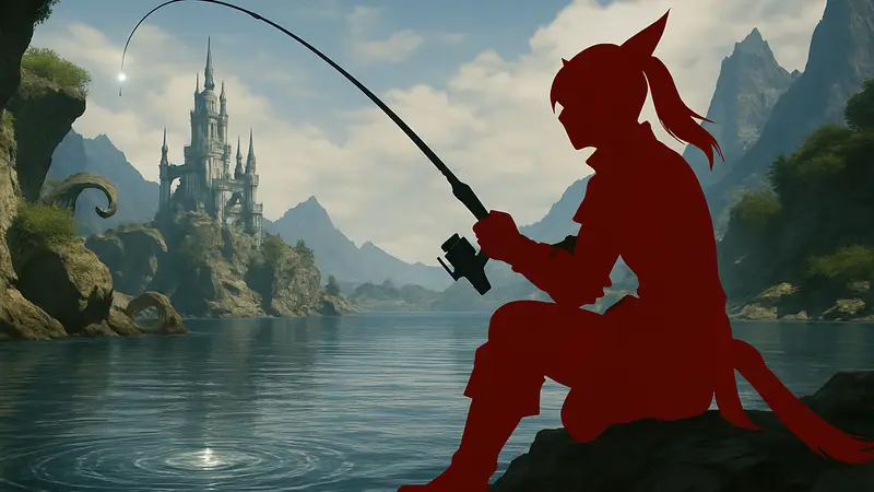 Игровой скриншот Final Fantasy 14: персонаж ловит рыбу, символизируя хардкорность процесса.