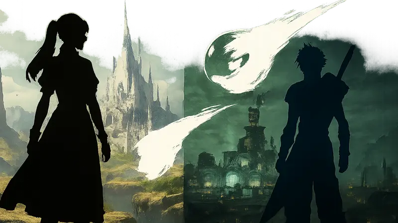 Логотипы Final Fantasy XIV и Final Fantasy VII, символизирующие их кроссовер. Стилизованная графика игр.
