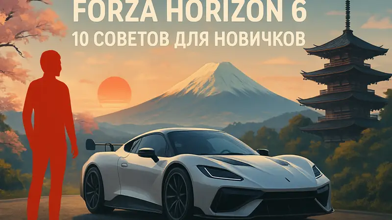 10 советов для новичков в Forza Horizon 6, гоночный автомобиль на фоне японского пейзажа и заходящего солнца.