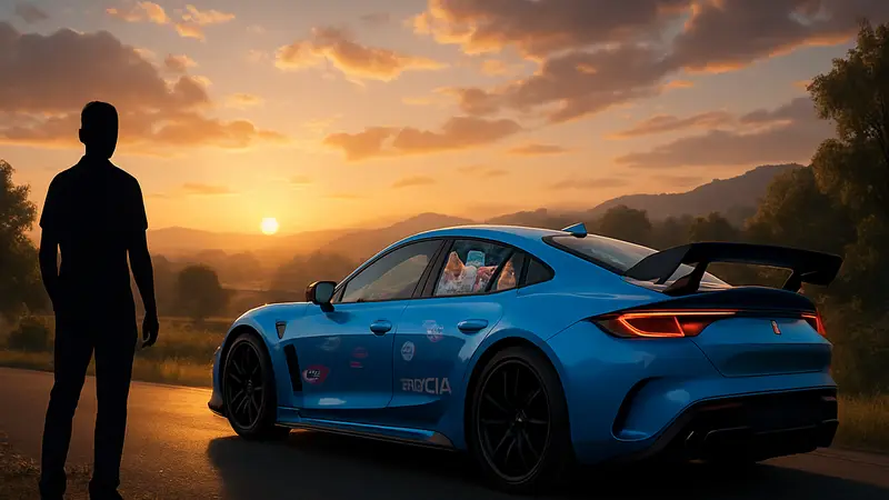 Скриншот из игры Forza Horizon 6, демонстрирующий гоночный автомобиль с детализированными наклейками на окнах и улучшенной графикой на закате.